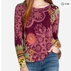 JOHNNY WAS Dragon Print Long Sleeve Tee Womens Burgundy Swing Bamboo Boho L